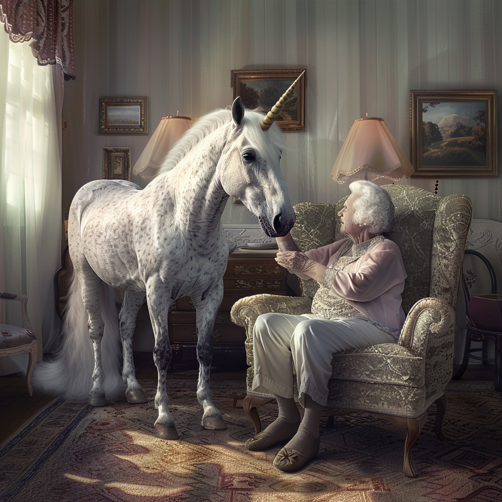 older woman petting a unicorn